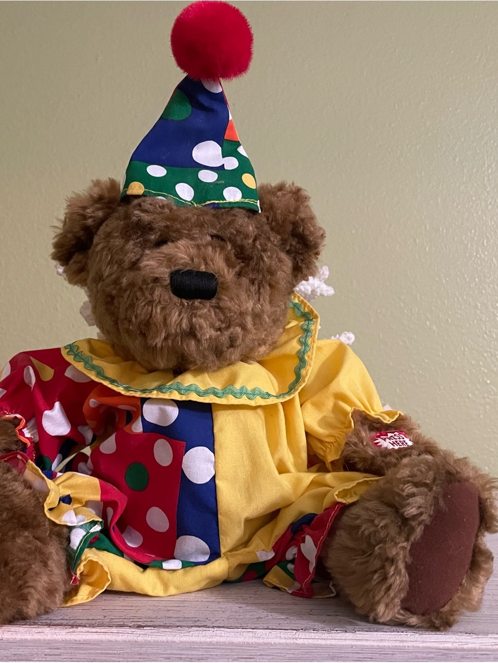 Dan Dee vintage 1990 Plush Teddy Bear Clown Costume in Yellow and Multicolor